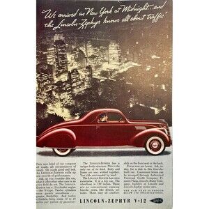 Lincoln Zephyr V-12 "Artwork: Car Driving in New York at Midnight" Print Ad 1937